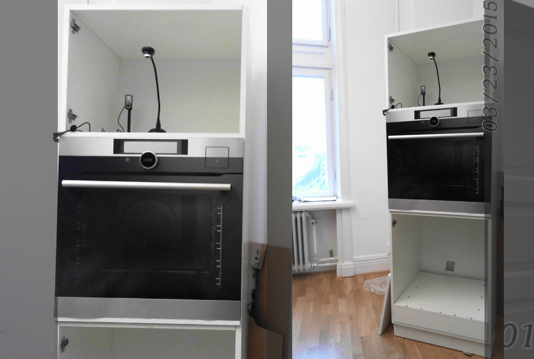 An oven prototype built into a cupboard