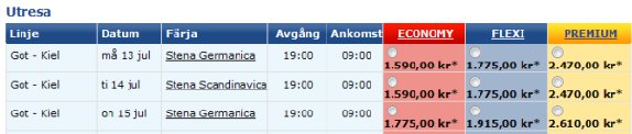 Visar en priskalender från Stena line där priser fär flera dagar syns samtidigt